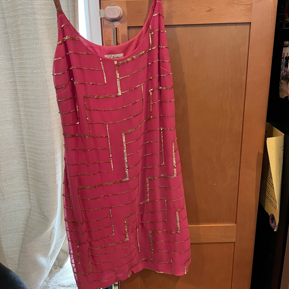 Pretty pink mini dress with gold sequin design